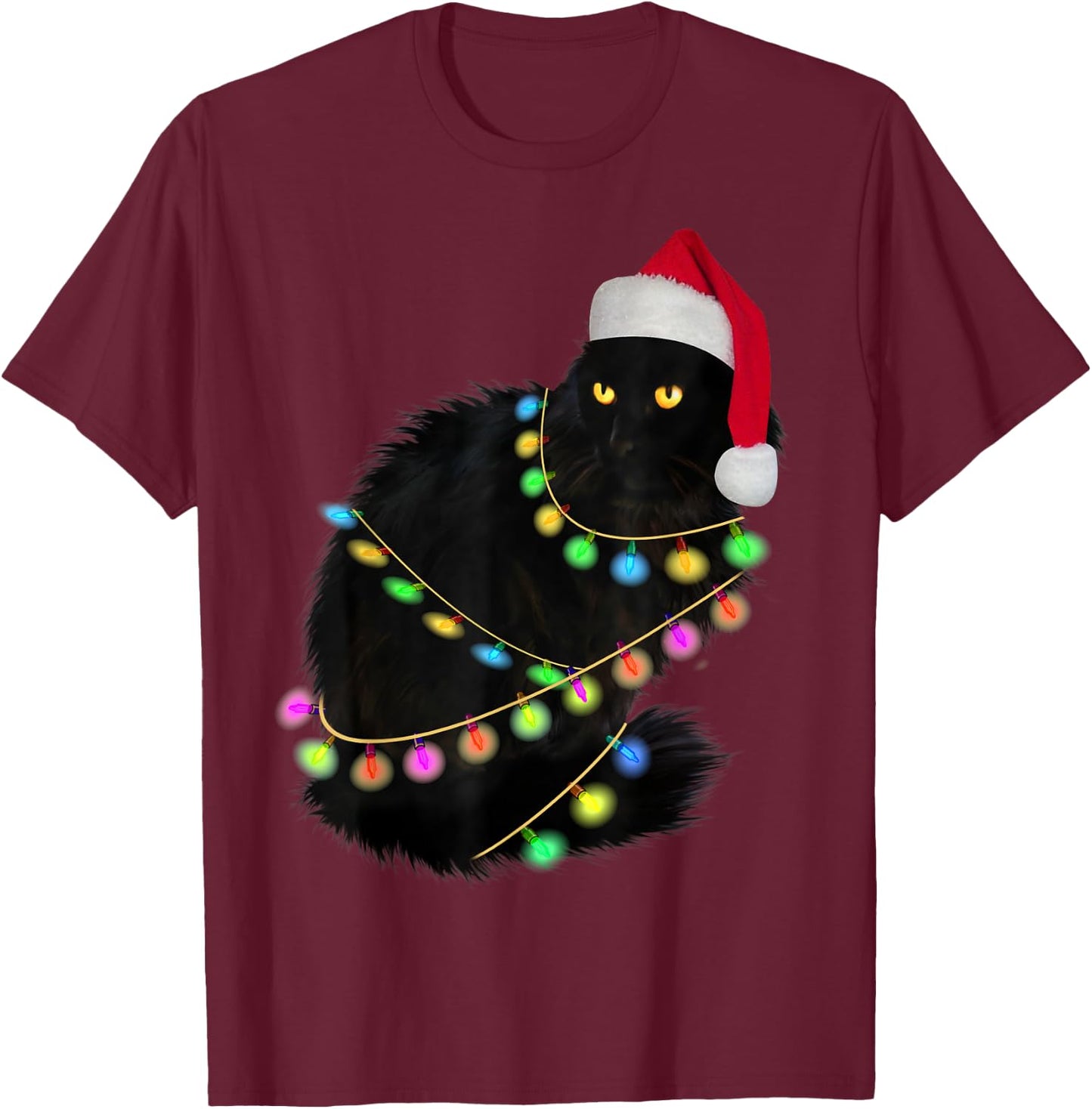 Black Cat Santa Hat Light Tree Funny Ugly Christmas Sweater T-Shirt - T-Shirt | Maroon