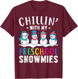 Chillin With My Preschool Snowmies Funny Xmas Snowman T-Shirt - T-Shirt | Maroon