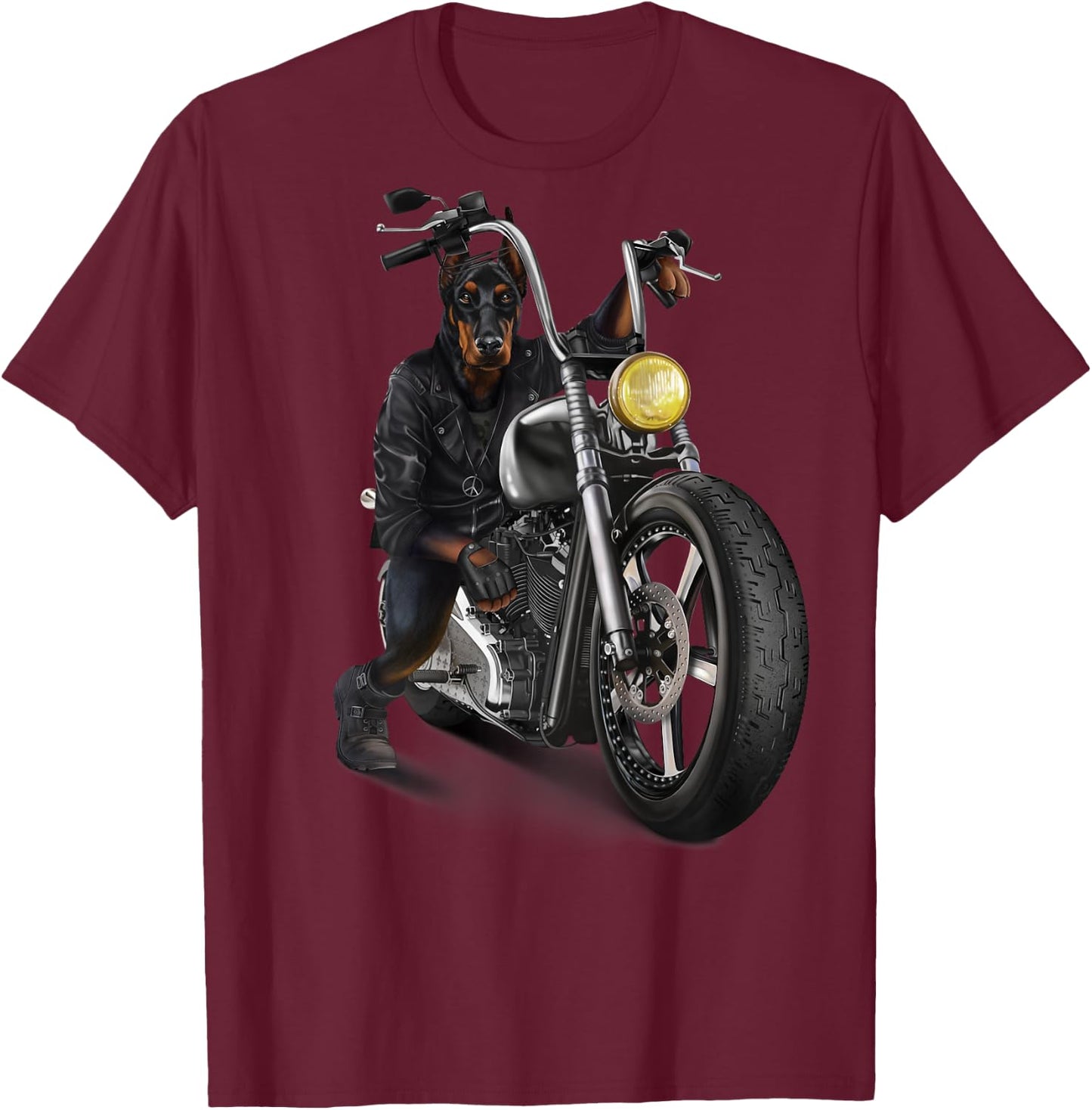 Doberman Dog Biker on a Classic Chopper Motorcycle T-Shirt - T-Shirt | Maroon