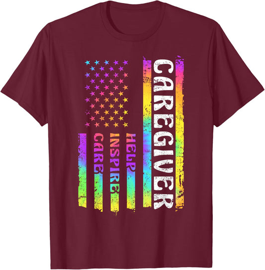 Caregiver Appreciation American Watercolor Flag Help Inspire T-Shirt - T-Shirt | Maroon