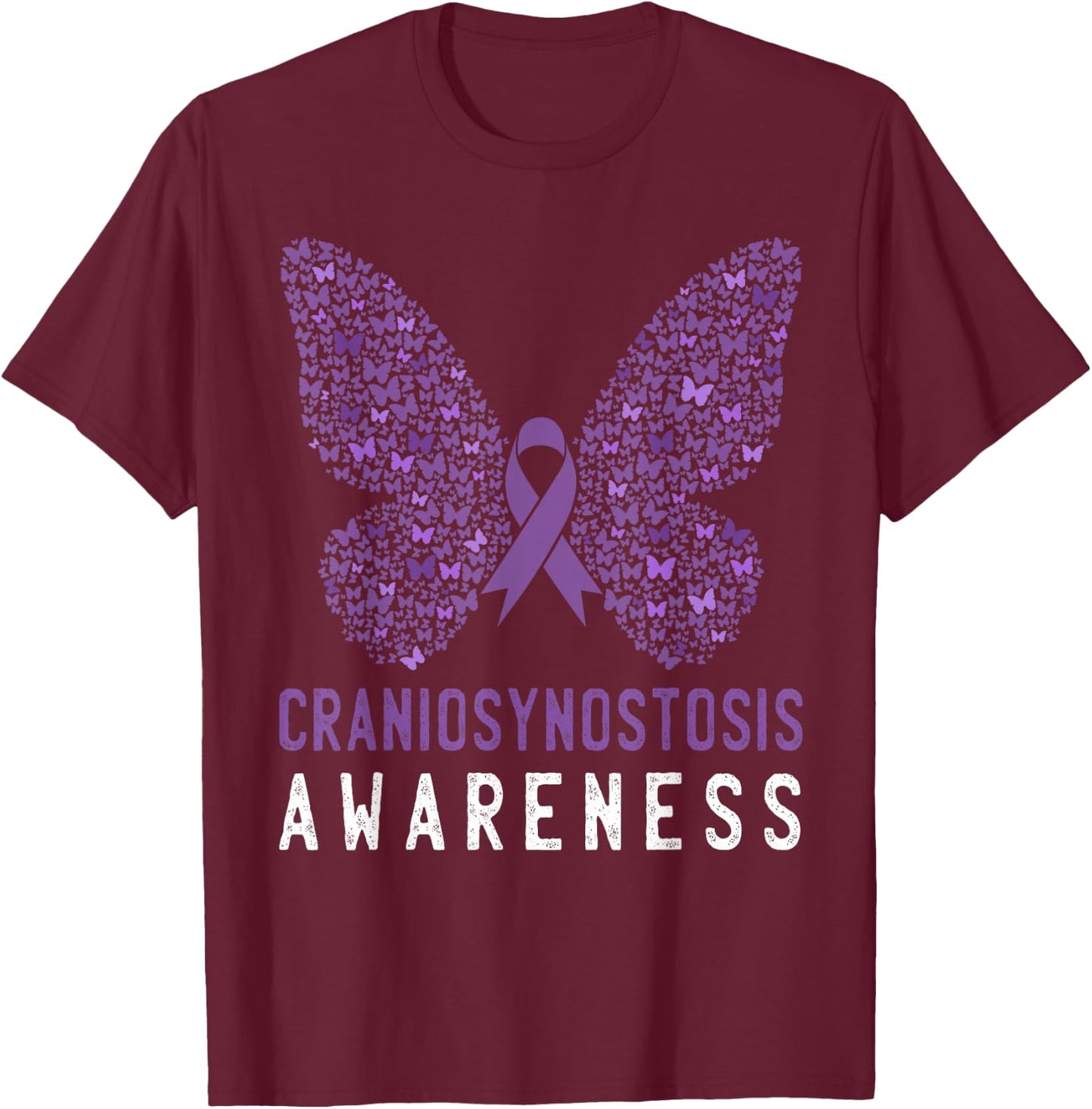Butterfly Craniosynostosis Awareness Purple Ribbon Support T-Shirt - T-Shirt | Maroon
