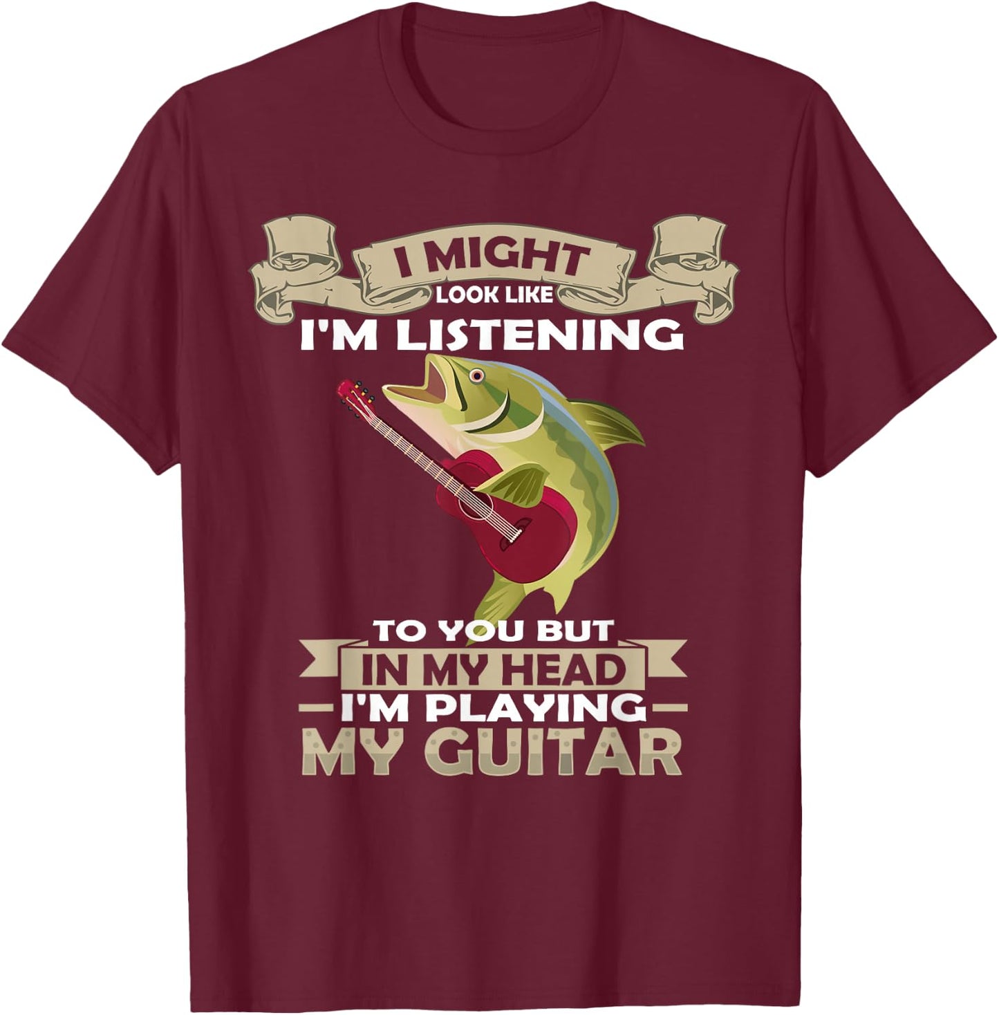 Fish Playing Acoustic Guitar Musical Fans Band Lover T-Shirt - T-Shirt | Maroon