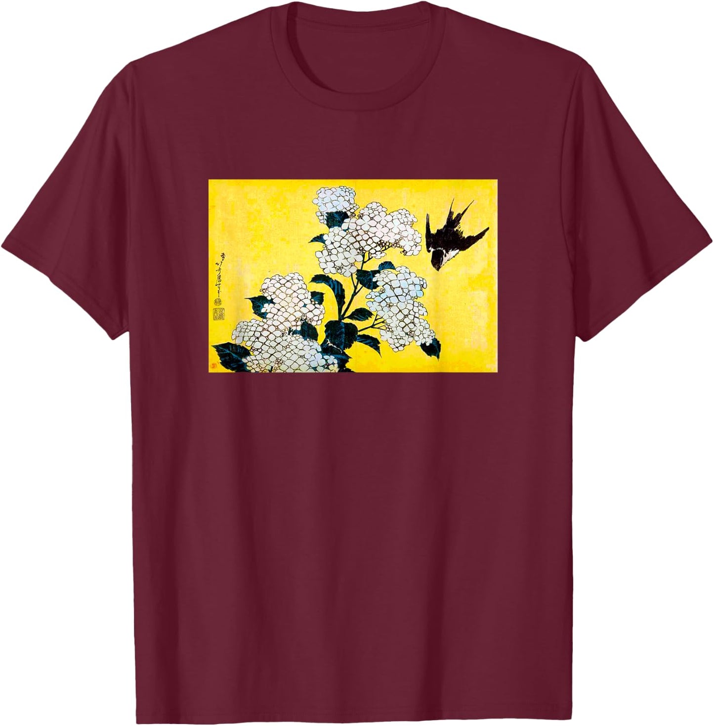 The Art of Print by MCMA - Digitally Enhanced Art Japanese Art Bird and Cherry Blossoms Graphic Design -Adults Black Small T-Shirt - T-Shirt | Maroon
