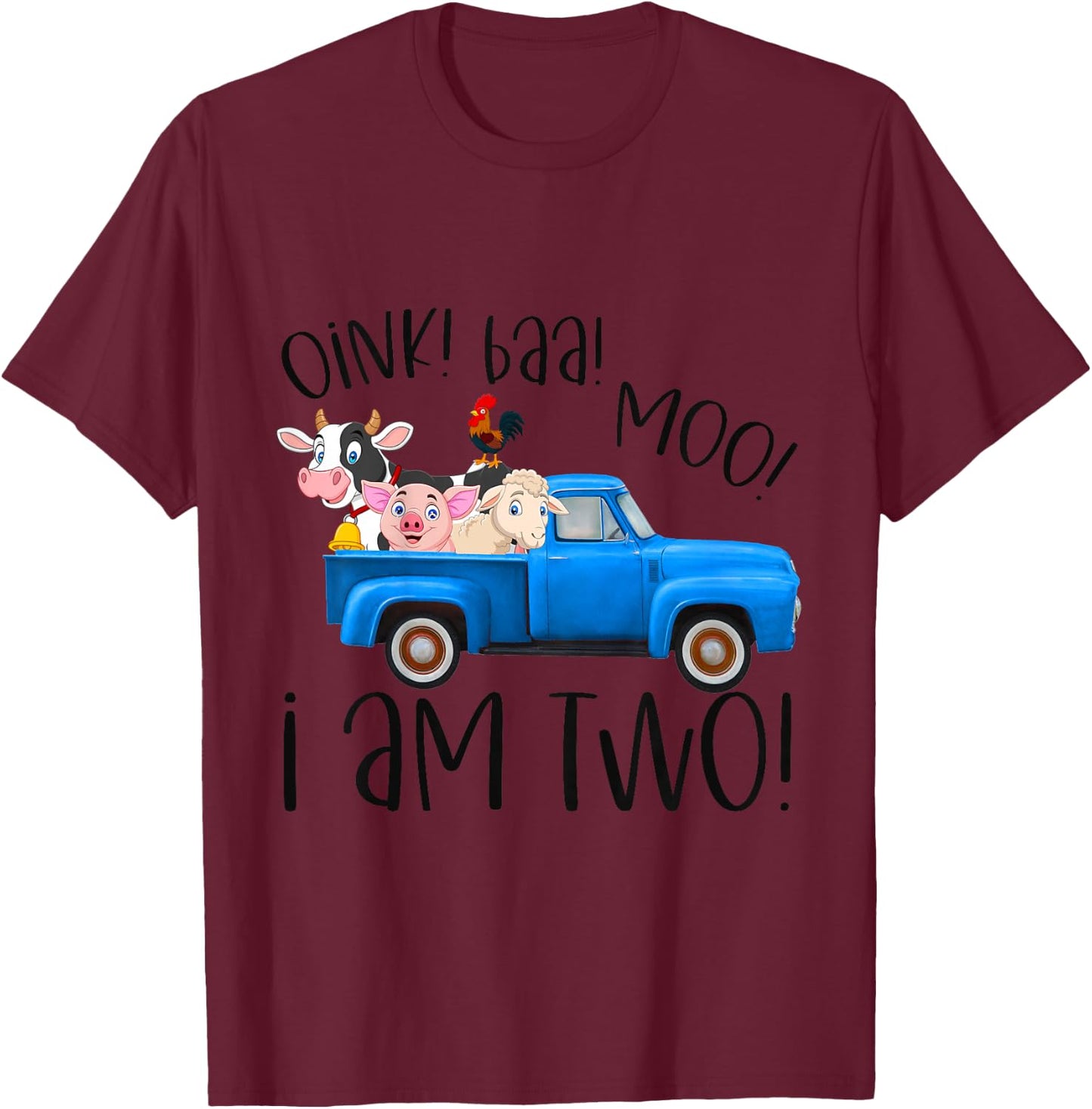 Kids Oink Baa Moo I Am Two Farm Animals Blue Truck Birthday Boy T-Shirt - T-Shirt | Maroon