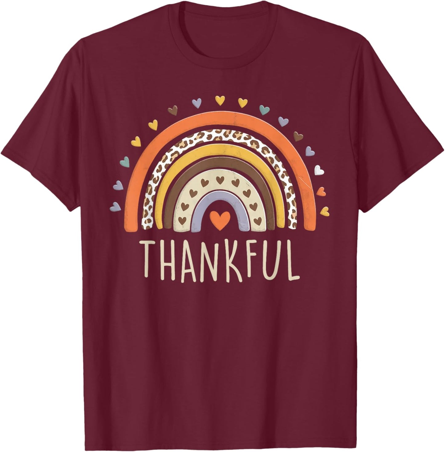 Leopard Rainbow Thankful Thanksgiving Teacher Women Kids T-Shirt - T-Shirt | Maroon