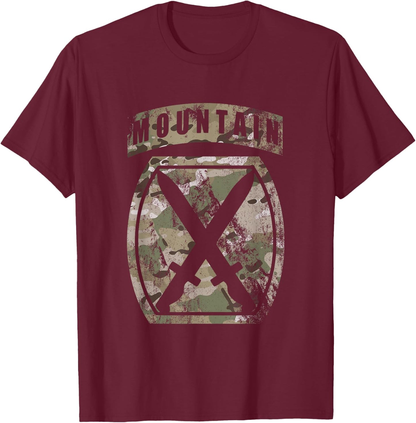 10th Mountain Division Patch - 10th MTN OCP Multicam Camo T-Shirt - T-Shirt | Maroon