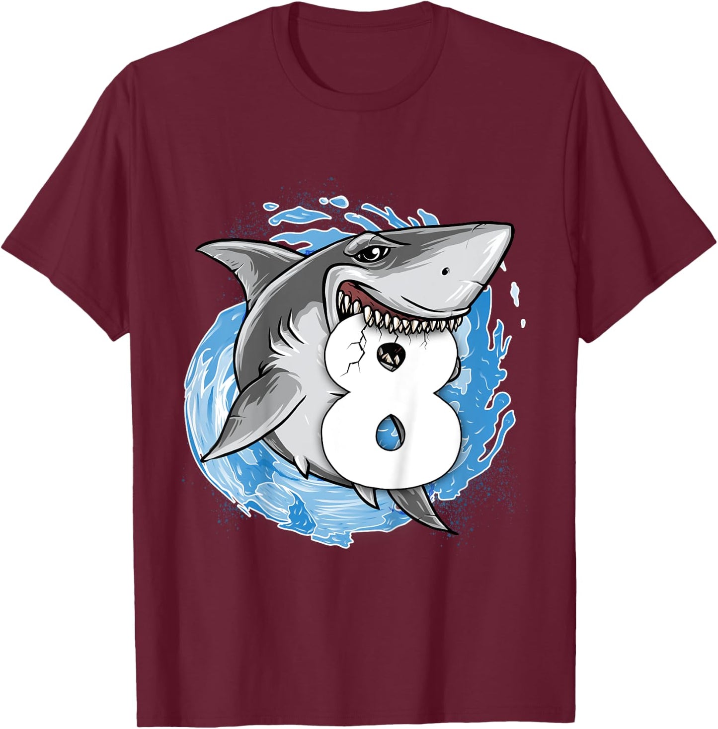 Kids Shark 8th Birthday Boy 8 year old Shark Theme Party 8 Shark T-Shirt - T-Shirt | Maroon
