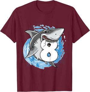 Kids Shark 8th Birthday Boy 8 year old Shark Theme Party 8 Shark T-Shirt - T-Shirt | Maroon