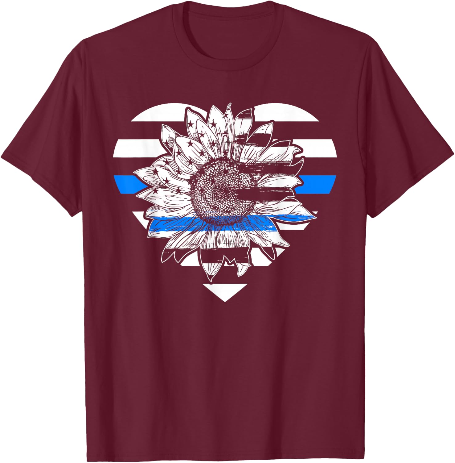 Thin Blue Line Sunflower Law Enforcement Police Officer Cop T-Shirt - T-Shirt | Maroon