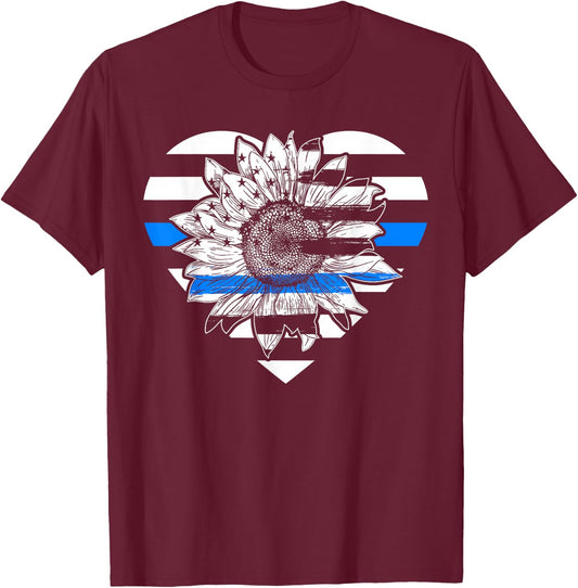 Thin Blue Line Sunflower Law Enforcement Police Officer Cop T-Shirt - T-Shirt | Maroon