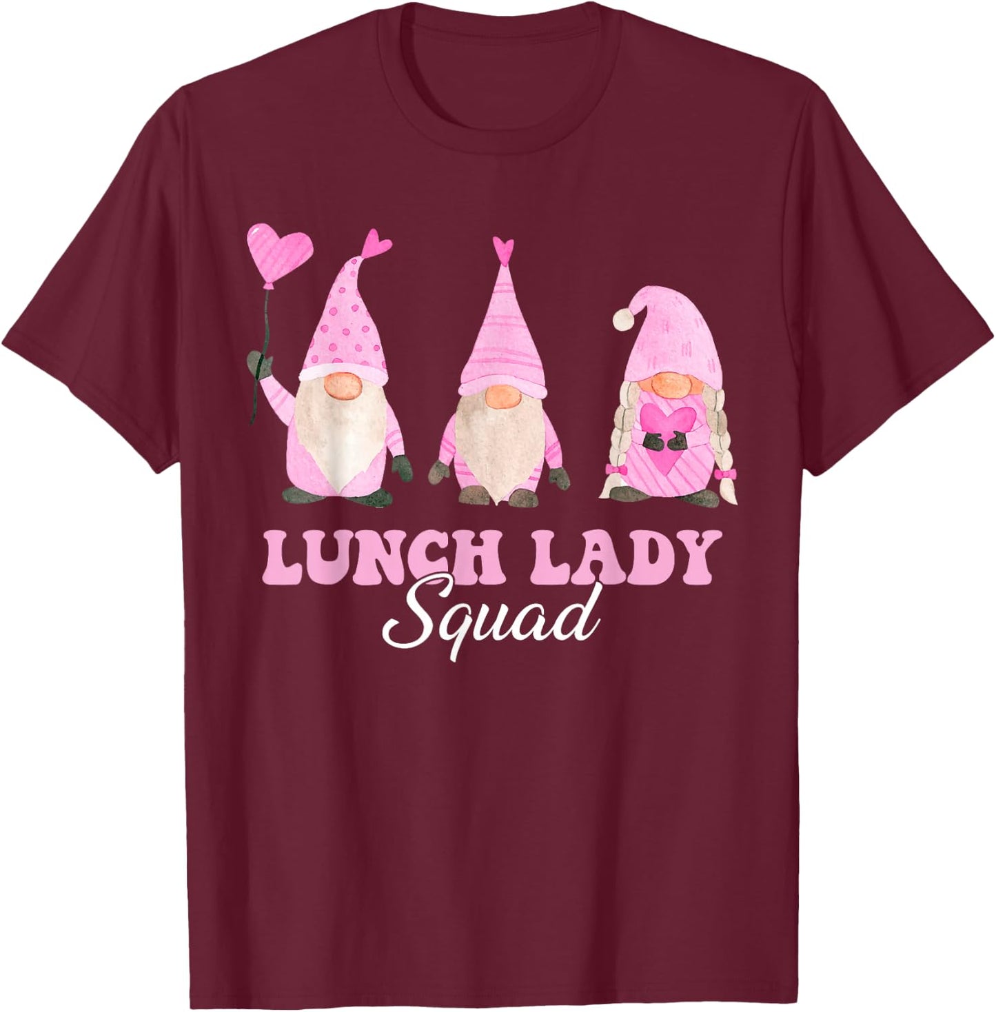 Lunch Lady Teacher Squad Valentines Day Gnomes Holding Heart T-Shirt - T-Shirt | Maroon
