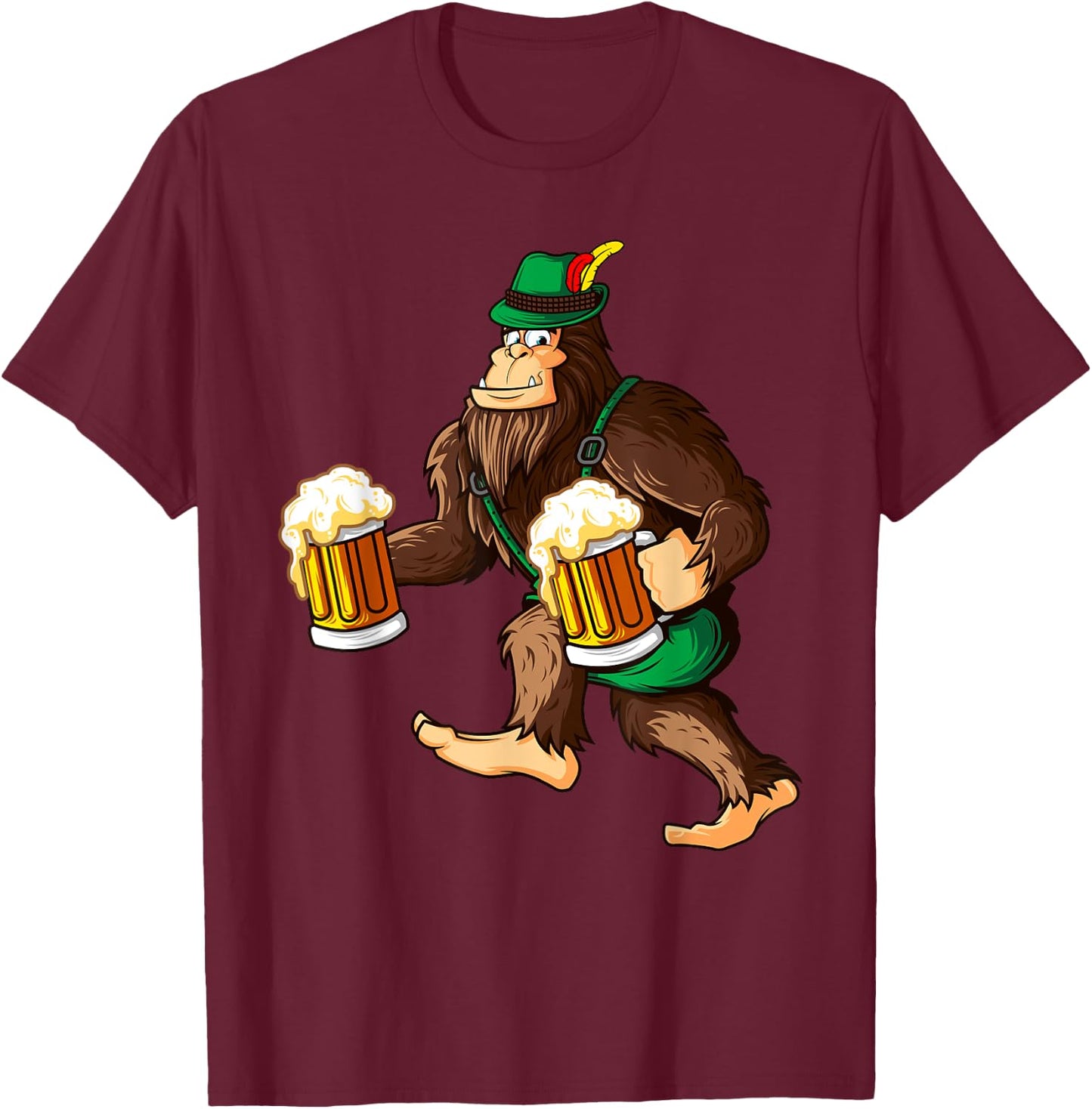 Funny Bigfoot Lederhosen Prost Beer Mug Beerfest Oktoberfest T-Shirt - T-Shirt | Maroon
