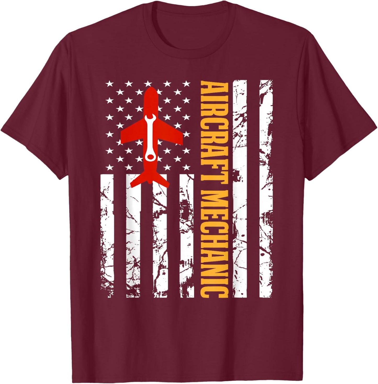 Aircraft Mechanic USA Flag Airplane Technician Aviation Gift T-Shirt - T-Shirt | Maroon