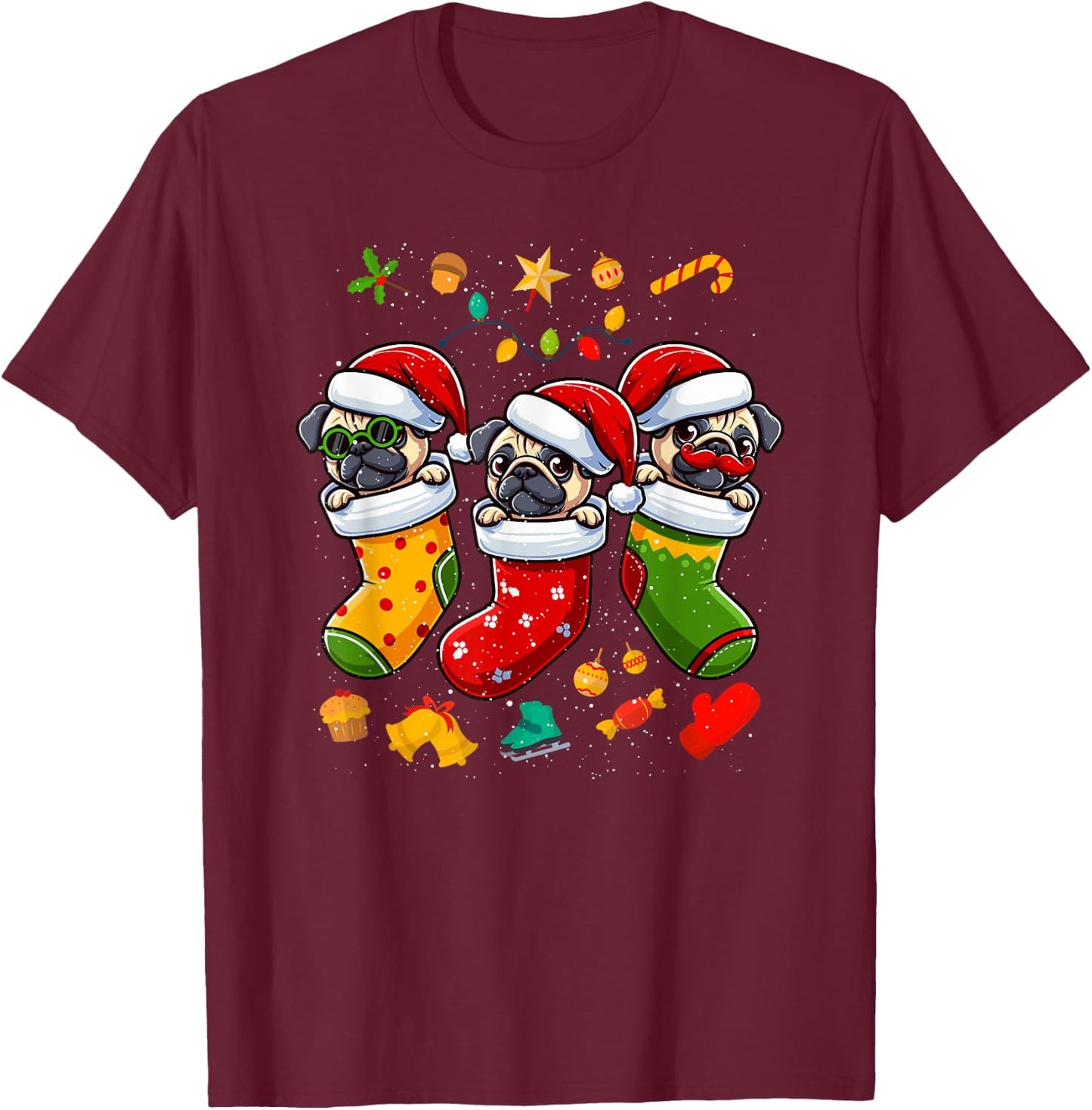 Pug Santa Claus Christmas Stocking Dog X-Mas Dogs T-Shirt - T-Shirt | Maroon