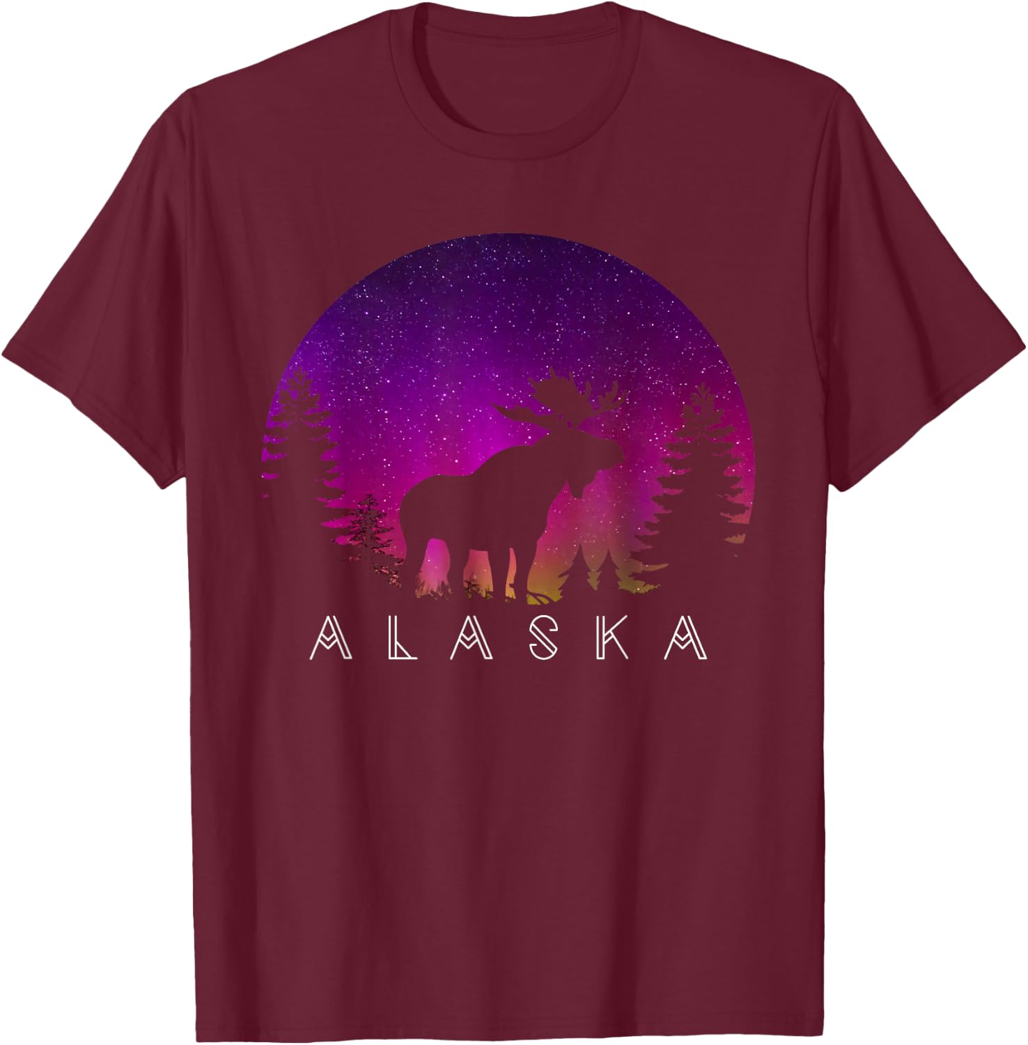 Alaska Moose Aurora Borealis - Alaskan Landscape Photo T-Shirt - T-Shirt | Maroon