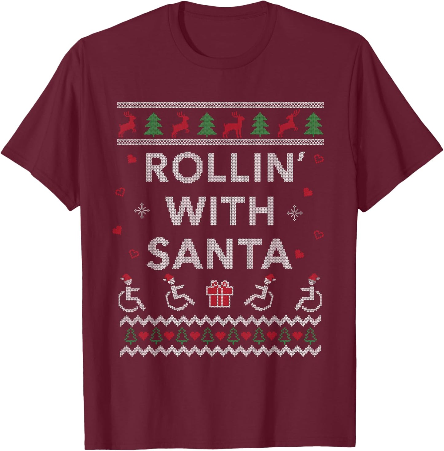 Handicap Wheelchair Design Funny Ugly Christmas T-Shirt - T-Shirt | Maroon