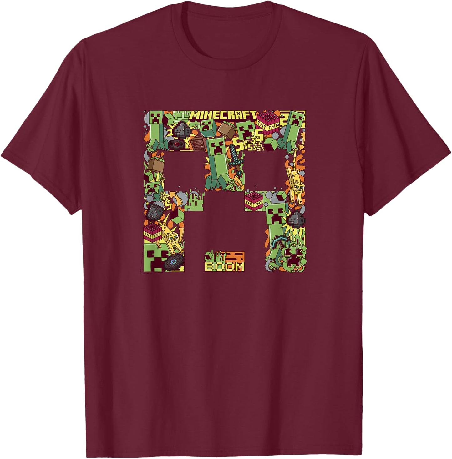 Minecraft Creeper Big Face Collage T-Shirt - T-Shirt | Maroon