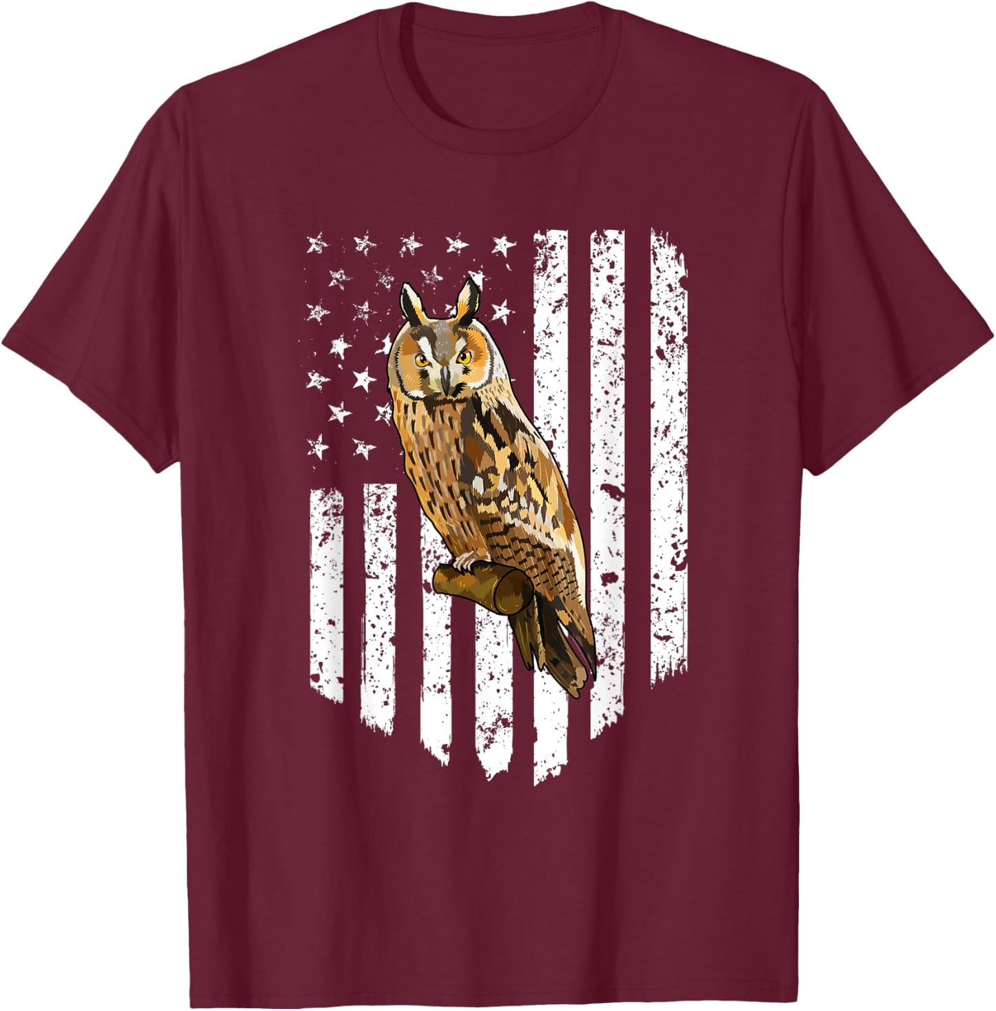 White American Flag Long-eared Owl Bird 4th Of July Men T-Shirt - T-Shirt | Maroon