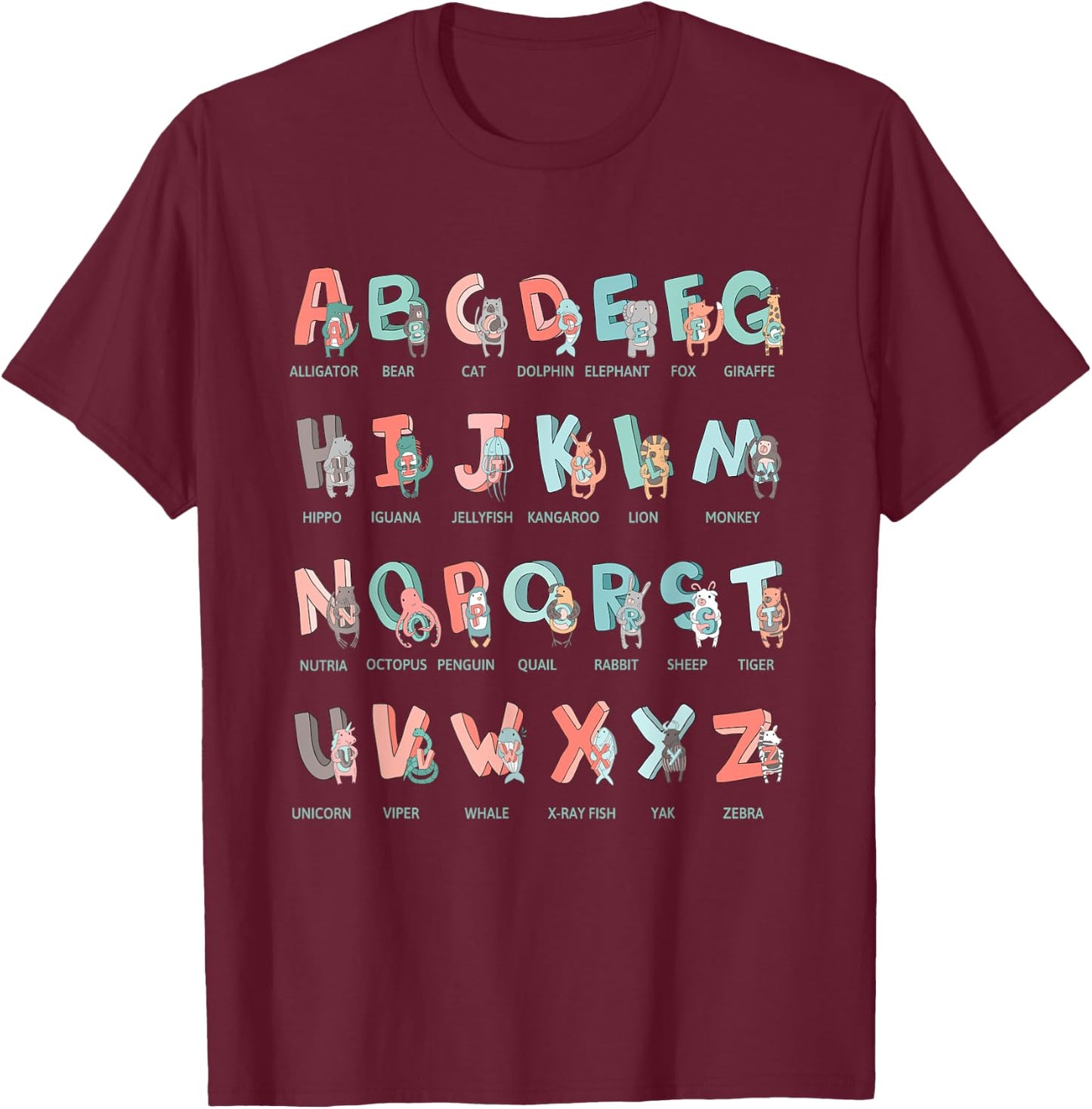 Alphabet Animals I School Beginner Students Children Girls Boys T-Shirt - T-Shirt | Maroon