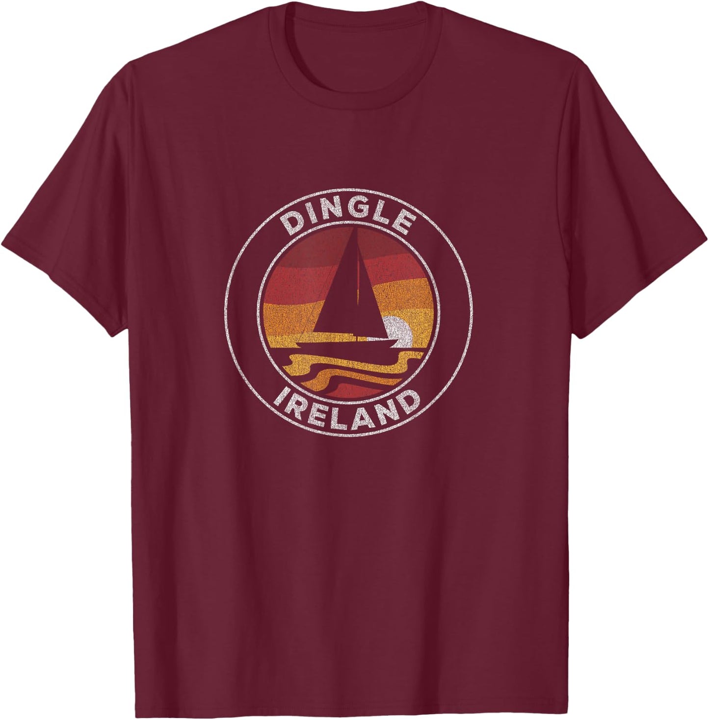 Dingle Ireland Vintage Sailboat 70s Retro Sunset T-Shirt - T-Shirt | Maroon