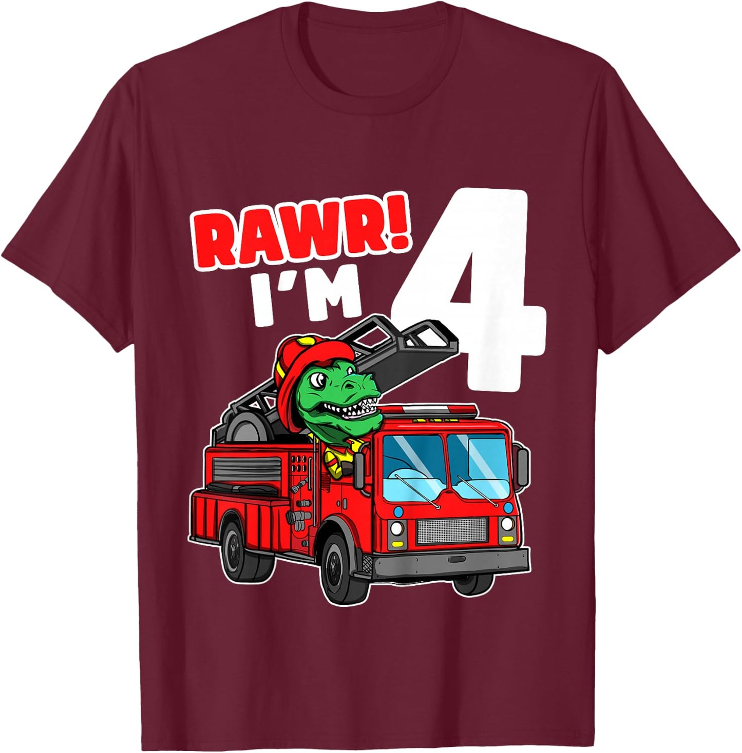 Kids Dinosaur Fire Truck 4th Birthday Boy T-Rex Firefighter 4 T-Shirt - T-Shirt | Maroon