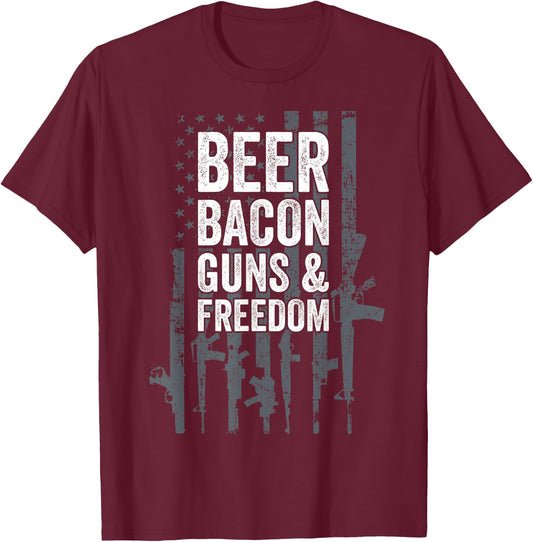 BEER BACON GUNS & FREEDOM - USA BBQ American Flag Drinking T-Shirt - T-Shirt | Maroon