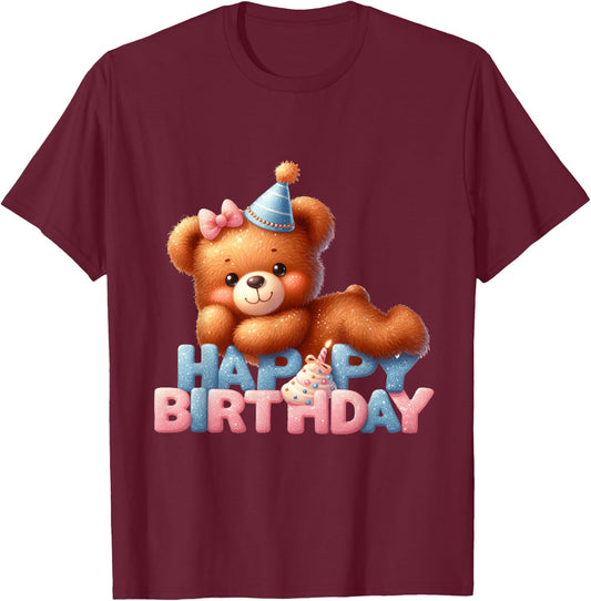 Happy Birthday Brown Teddy Bear Pink Blue Party T-Shirt - T-Shirt | Maroon