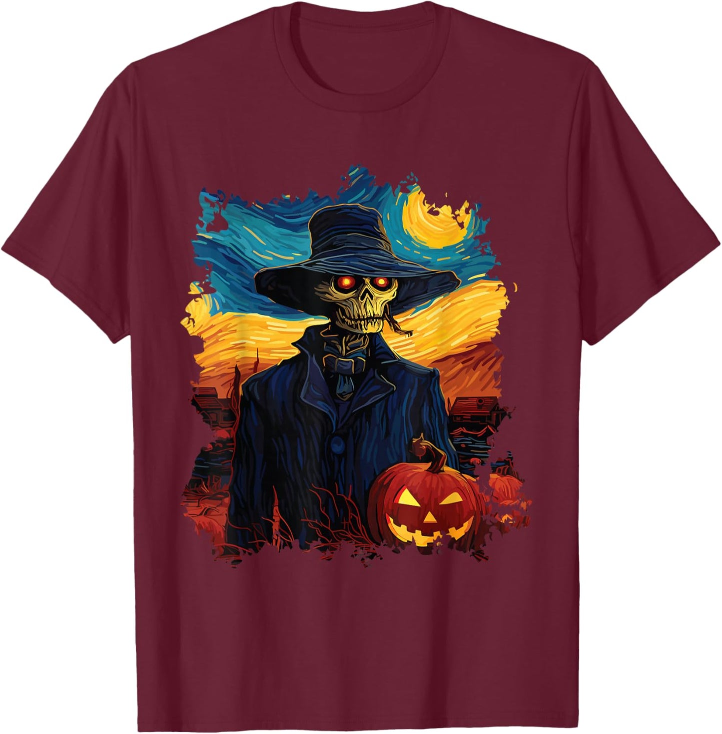 Skeleton's Halloween Party With Lighted Pumpky Funny T-Shirt - T-Shirt | Maroon