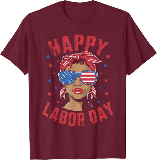 Happy Labor Day Labor Day Messy Bun USA Flag T-Shirt - T-Shirt | Maroon