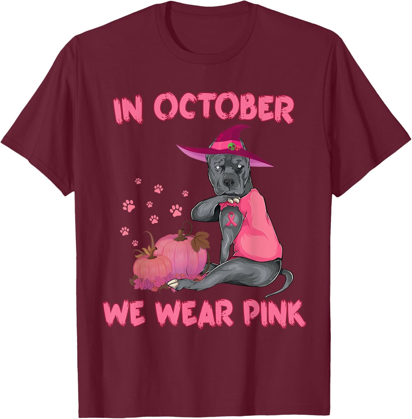 In October We Wear Pink Pitbull Dog Breast Cancer Halloween Men Women Girls Kids T-Shirt - T-Shirt | Maroon