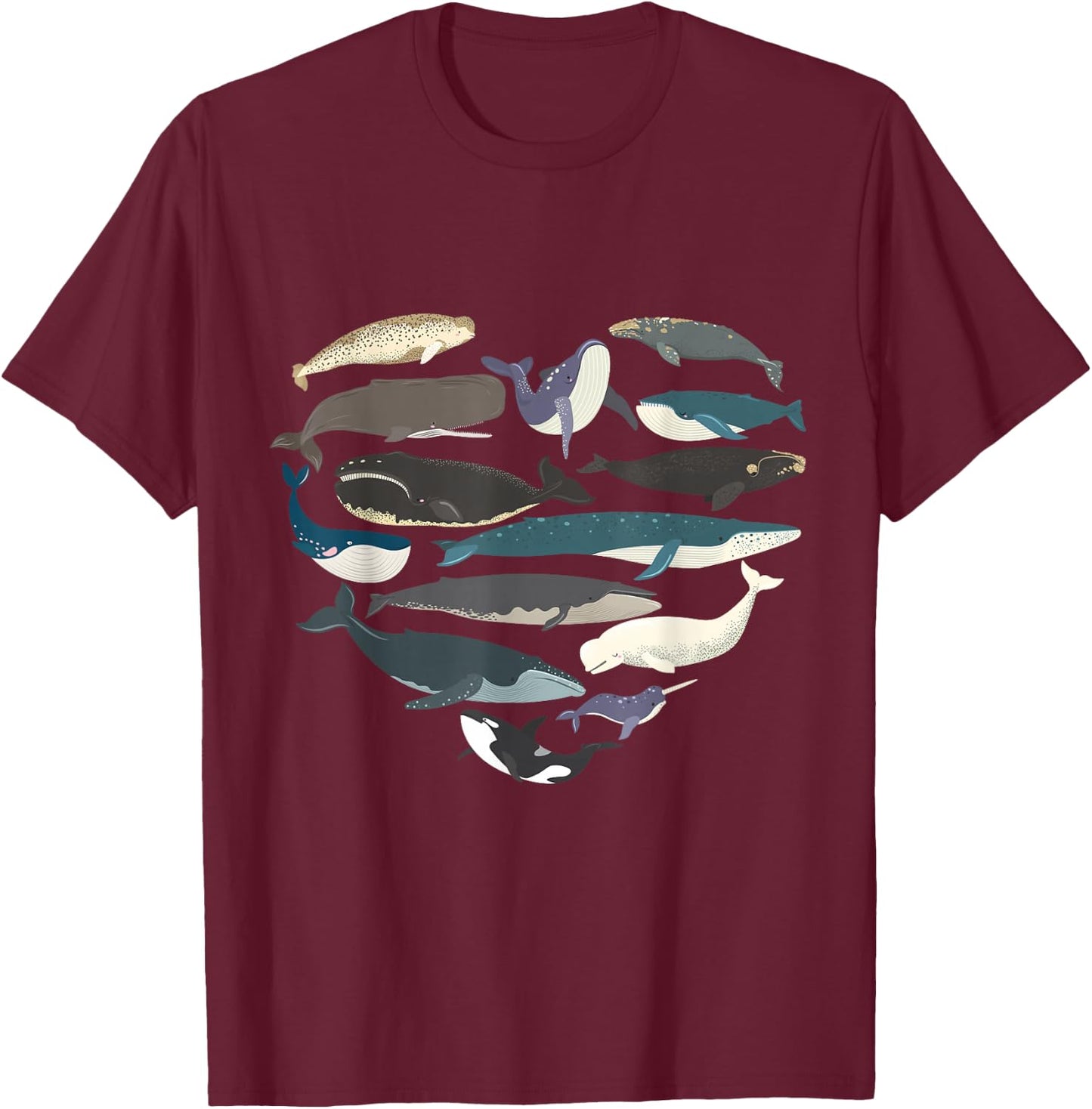Whales Heart Shape Cute Ocean Mammals Whale Breeds Species T-Shirt - T-Shirt | Maroon