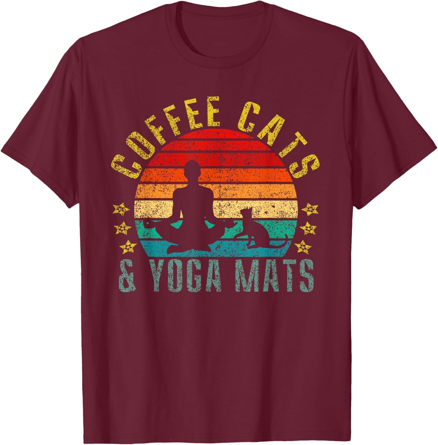 Coffee, Cats & Yoga Mats Funny Retro T-Shirt - T-Shirt | Maroon