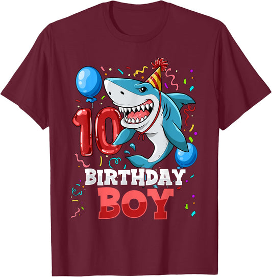 Shark 10th Birthday Boy T-Shirt - T-Shirt | Maroon