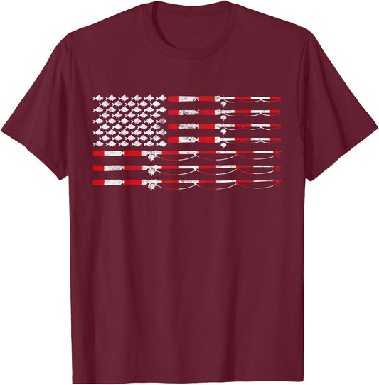 Fishing Fly Rod American Flag Gift Fisherman Small T-Shirt - T-Shirt | Maroon