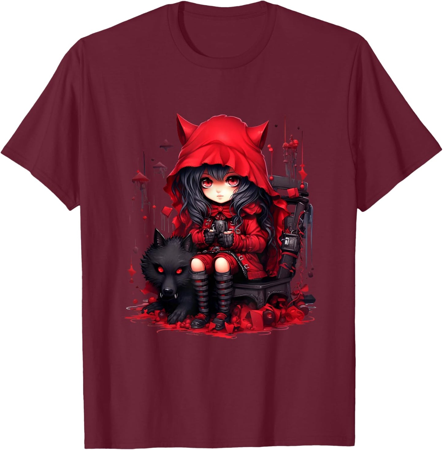 Chibi Little Red Riding Hood & Bad Wolf | Anime Kawaii Style T-Shirt - T-Shirt | Maroon
