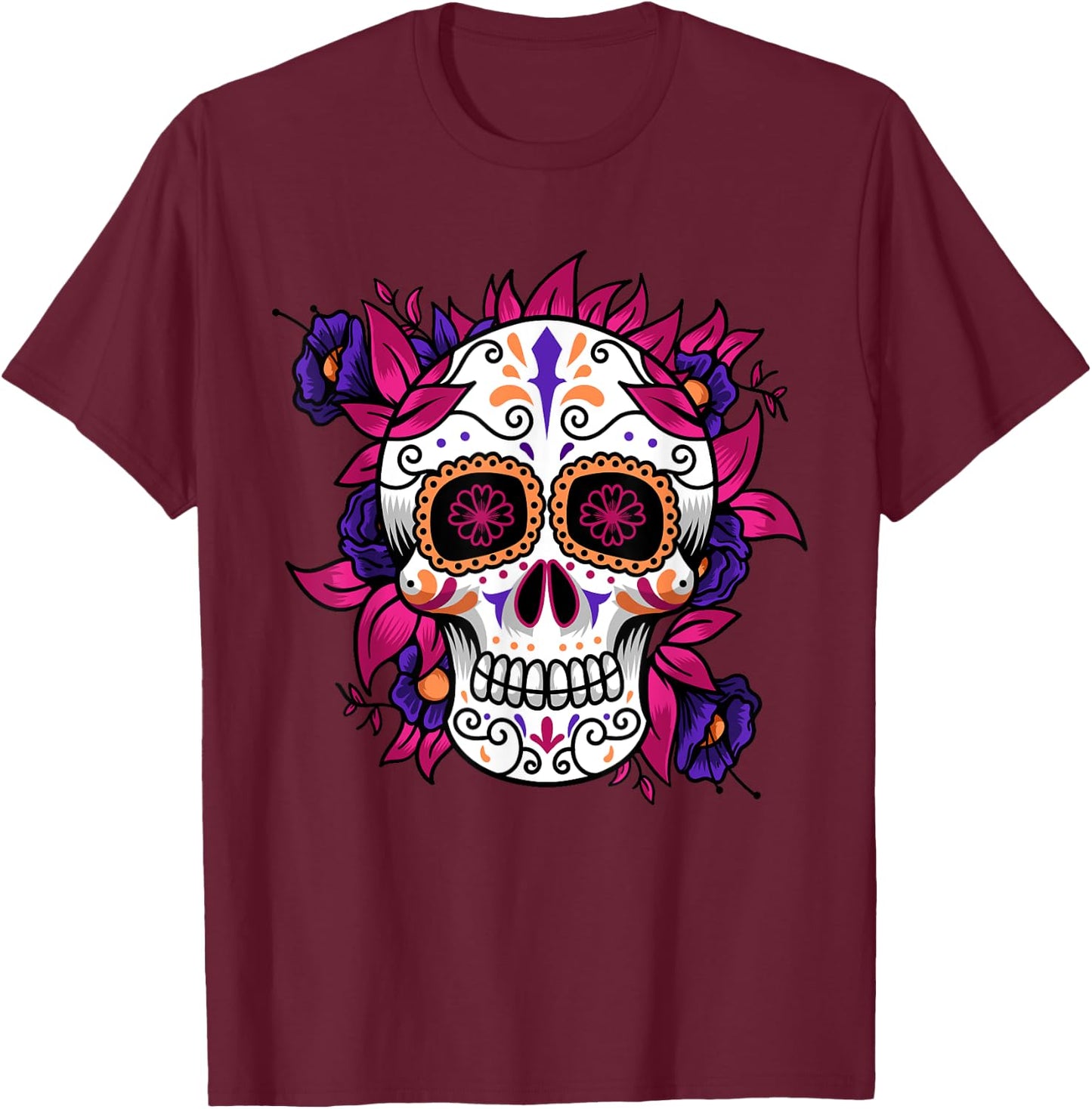 Flower Sugar Skull Funny Day Of The Dead Gift Women T-Shirt - T-Shirt | Maroon