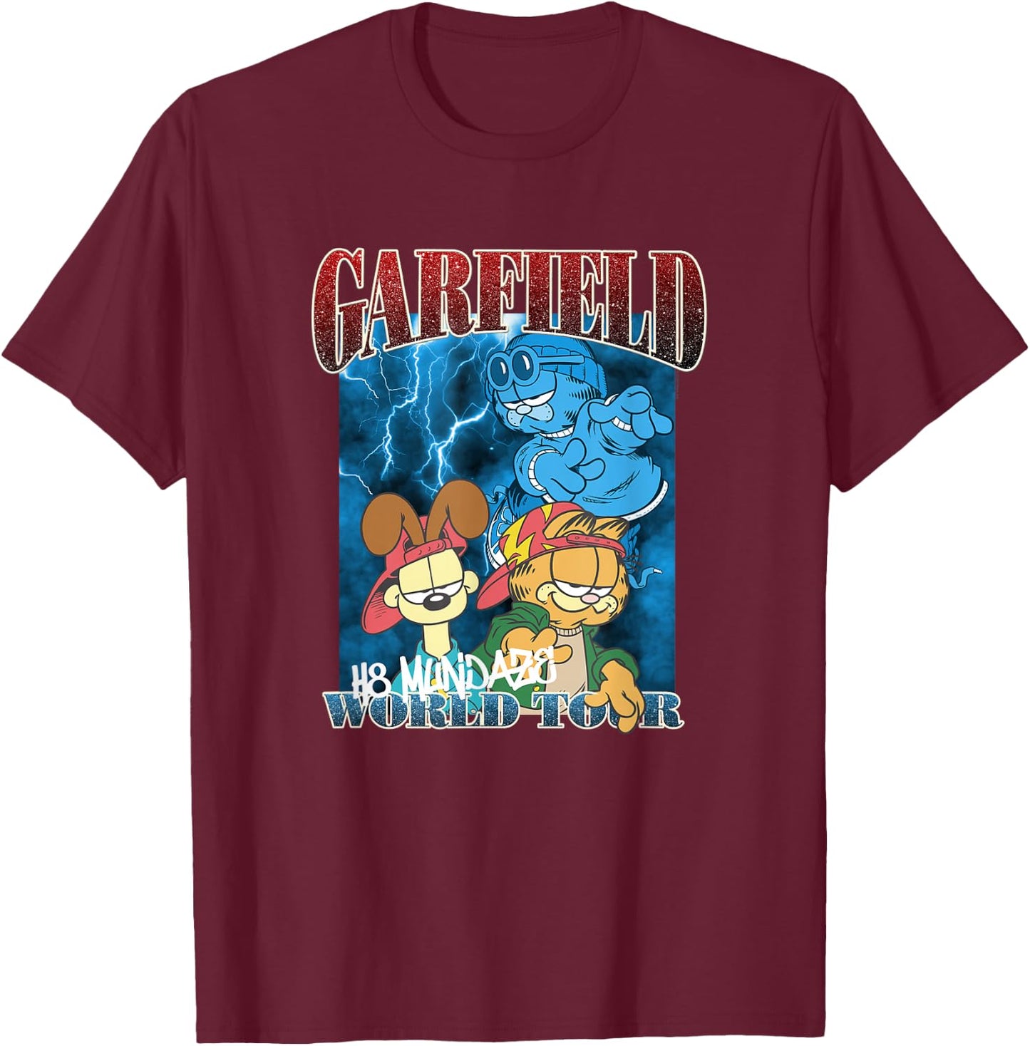 Garfield H8 Mundaze World Tour Front and Back Cartoon Cat T-Shirt - T-Shirt | Maroon