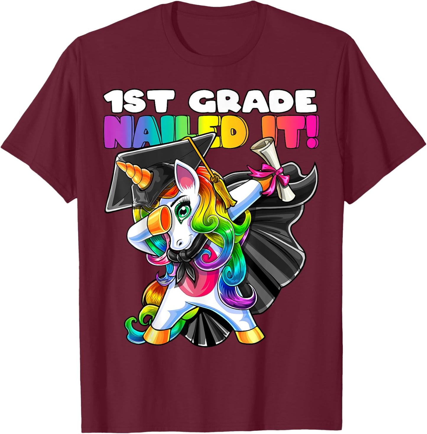 Dabbing Unicorn 1st Grade Graduation Cap Gown Gift Girls T-Shirt - T-Shirt | Maroon