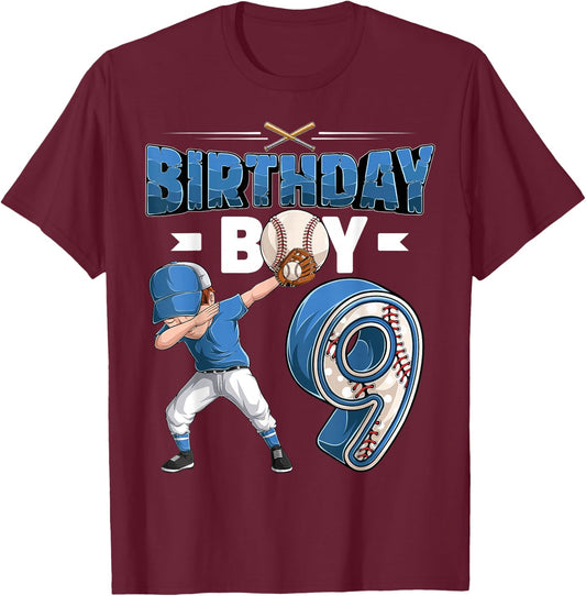 Dabbing boy 9 Year Old Baseball Player 9th Birthday Party T-Shirt - T-Shirt | Maroon