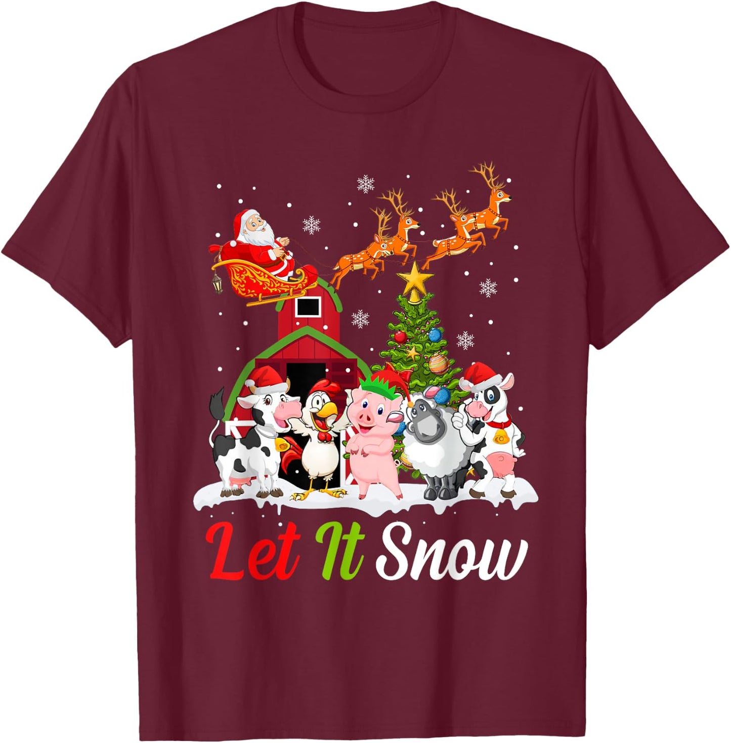 Let It Snow Merry Xmas Gift Farm Animals Tractor T-Shirt - T-Shirt | Maroon