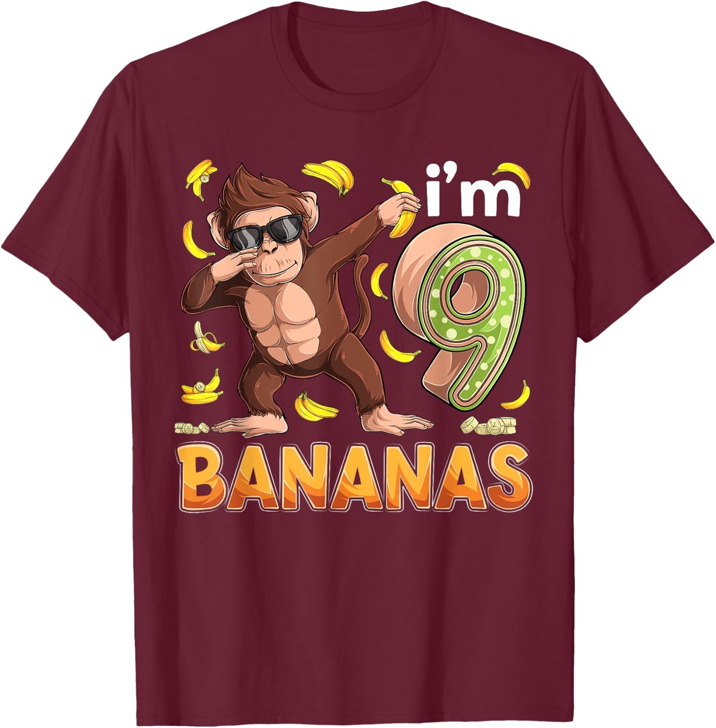 9 Year Old Monkey Birthday Safari Jungle Animal 9th B-day T-Shirt - T-Shirt | Maroon