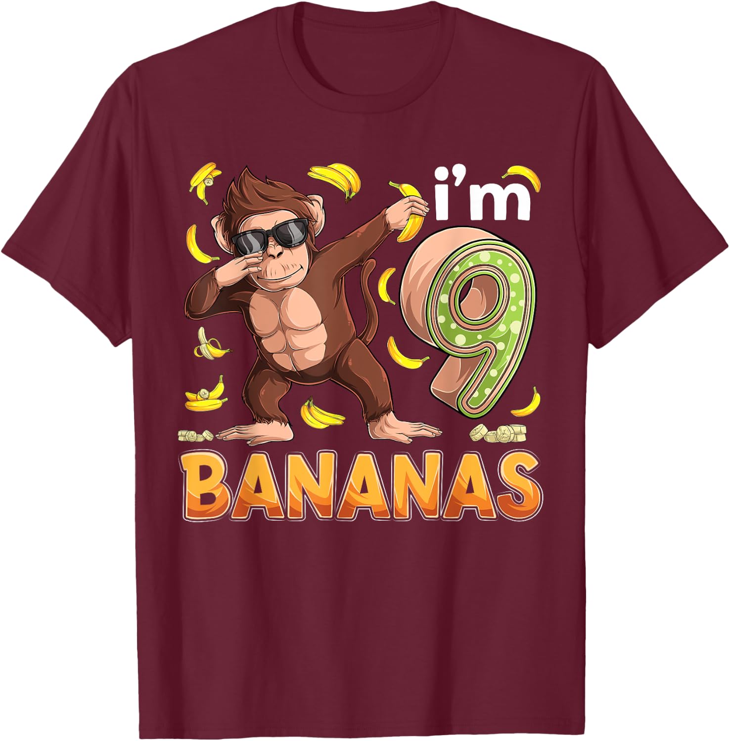 9 Year Old Monkey Birthday Safari Jungle Animal 9th B-day T-Shirt - T-Shirt | Maroon