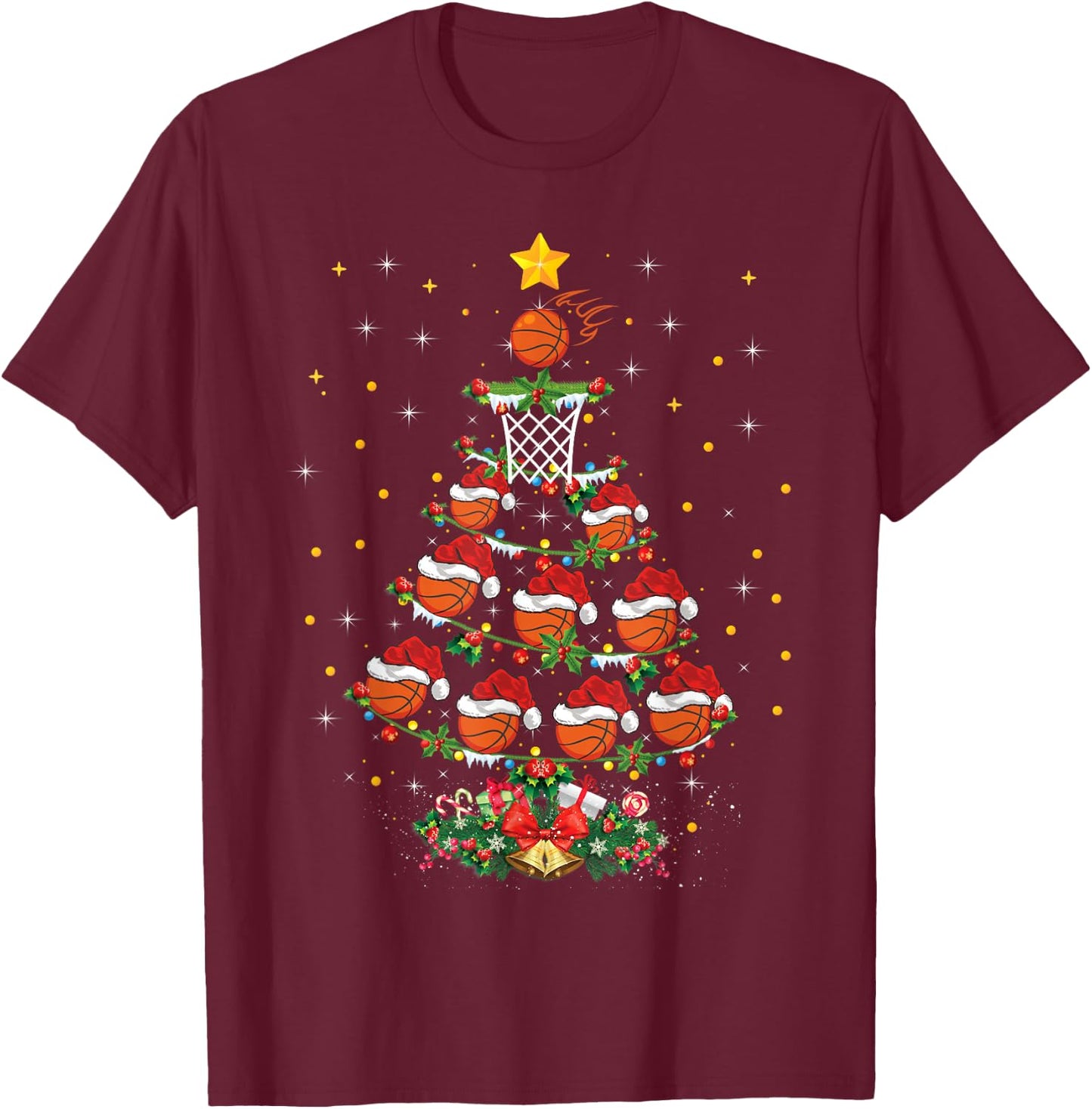 Basketball Sports Lover Xmas Gift Basketball Christmas Tree T-Shirt - T-Shirt | Maroon