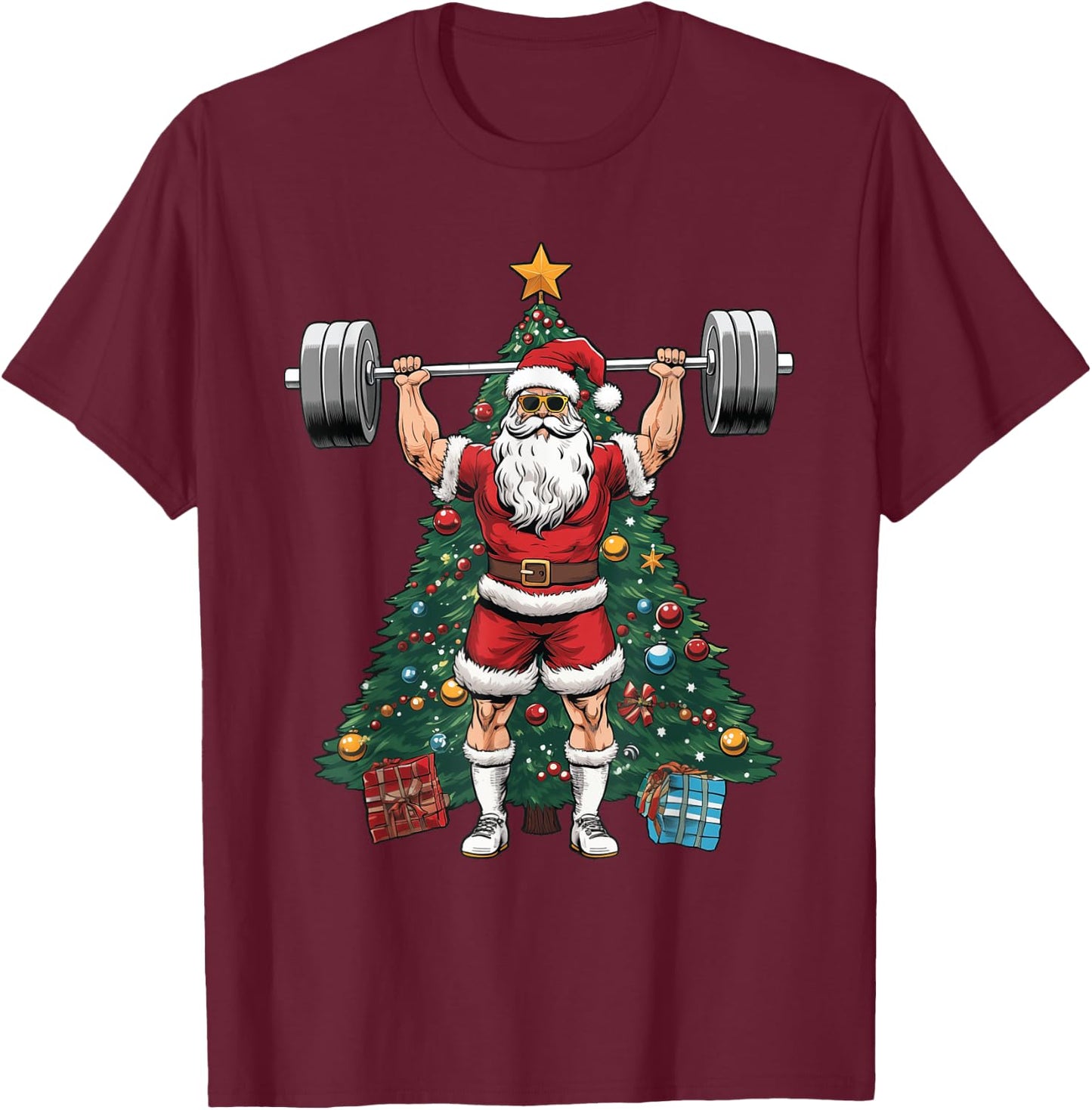 Funny Santa Weightlifting Clean Jerks Workout Christmas T-Shirt - T-Shirt | Maroon
