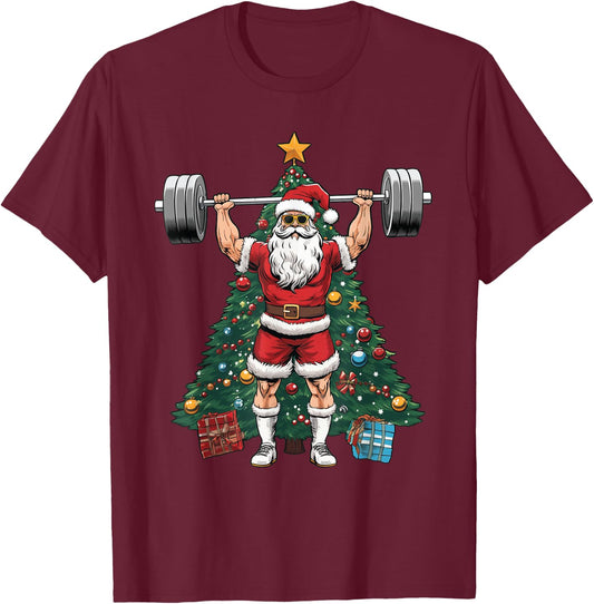 Funny Santa Weightlifting Clean Jerks Workout Christmas T-Shirt - T-Shirt | Maroon