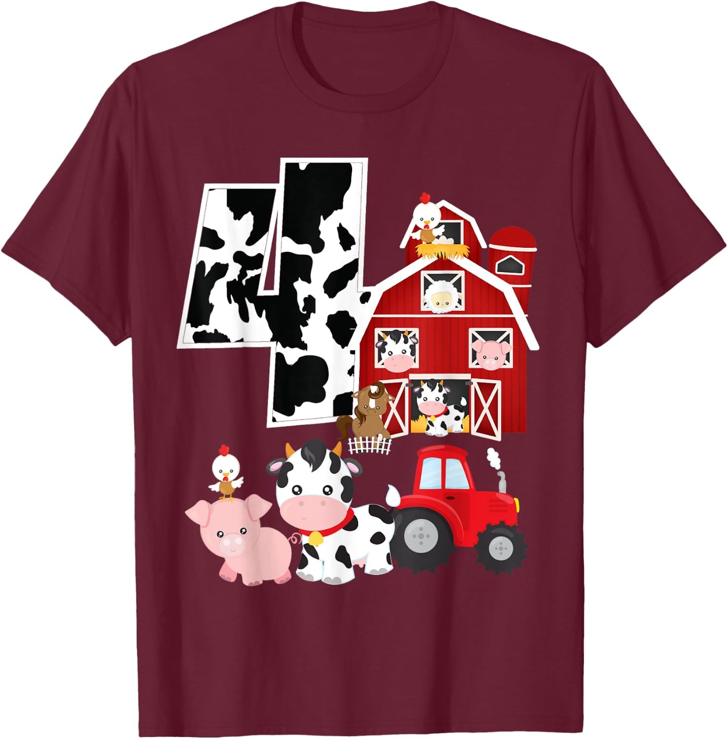 Farm Barnyard Theme Pig Cow Horse 4th Birthday 4 Yrs Old T-Shirt - T-Shirt | Maroon