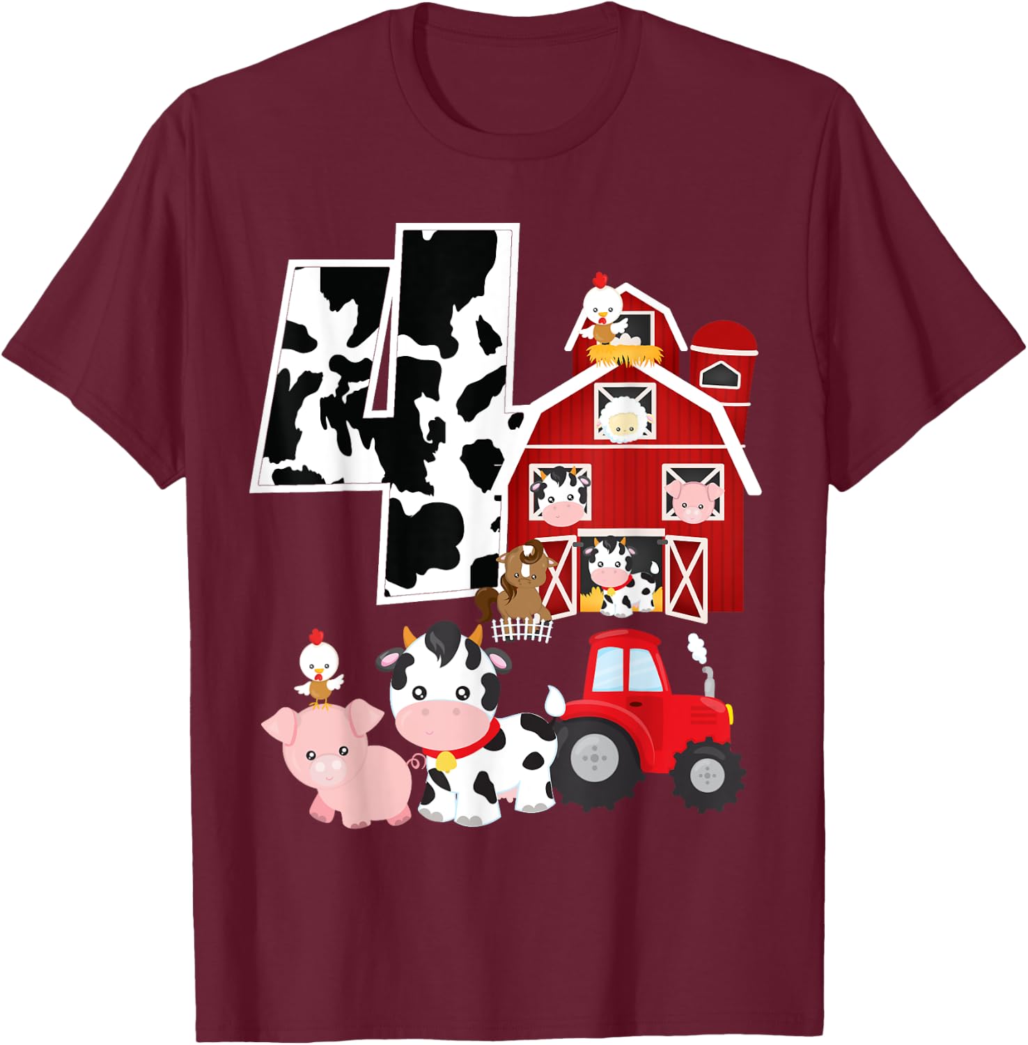 Farm Barnyard Theme Pig Cow Horse 4th Birthday 4 Yrs Old T-Shirt - T-Shirt | Maroon