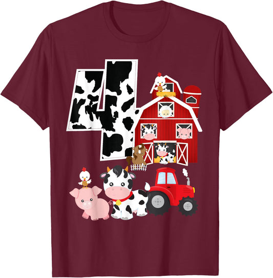 Farm Barnyard Theme Pig Cow Horse 4th Birthday 4 Yrs Old T-Shirt - T-Shirt | Maroon
