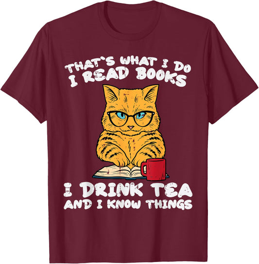 Cat Tea Funny Read Reading Book Librarian Men Women Kids T-Shirt - T-Shirt | Maroon