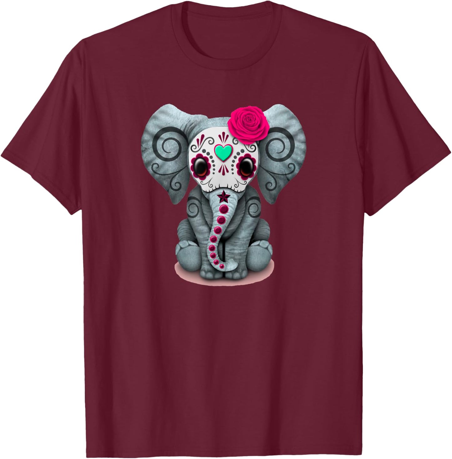 Sugar Skull Red Rose Elephant Day Of The Dead Halloween T-Shirt - T-Shirt | Maroon